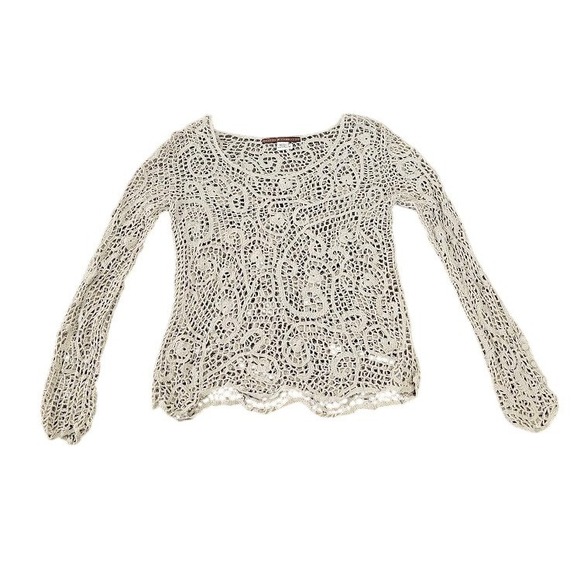 Peruvian Connection Tops - Peruvian Connection Pima Cotton Crochet Lace Top Beige Paisley Long Sleeve Small